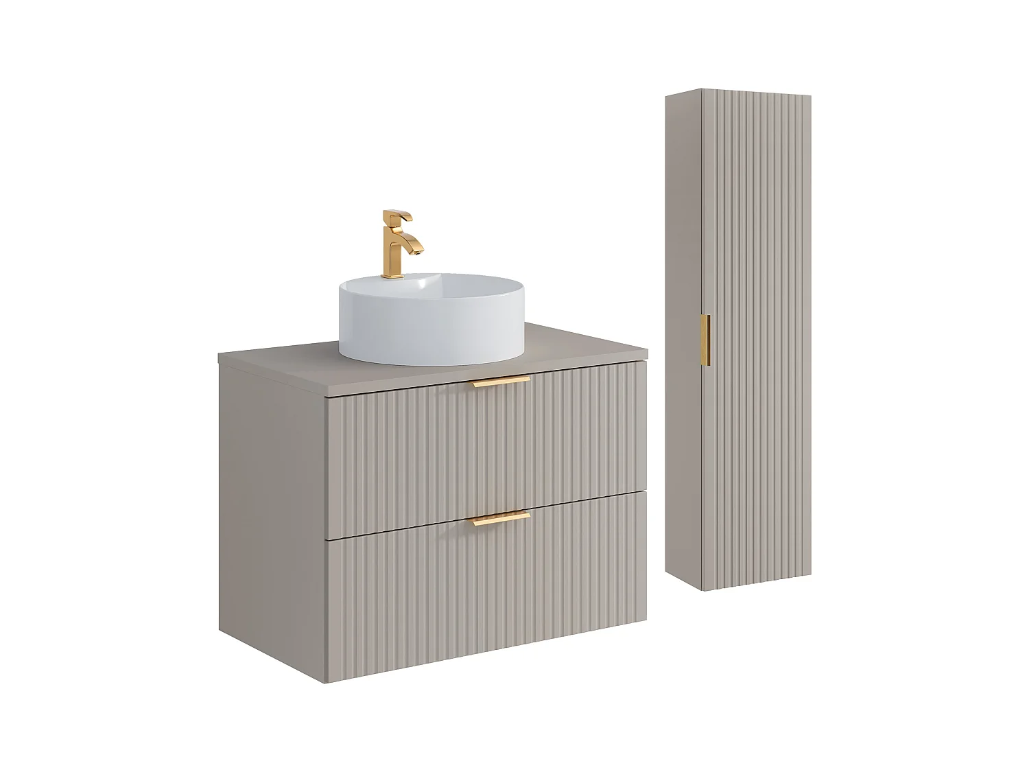 Hangend badkamermeubel met ronde opbouwwastafel en kolomkast - Geribbeld Beige kleur - 80 cm - ZEVARA