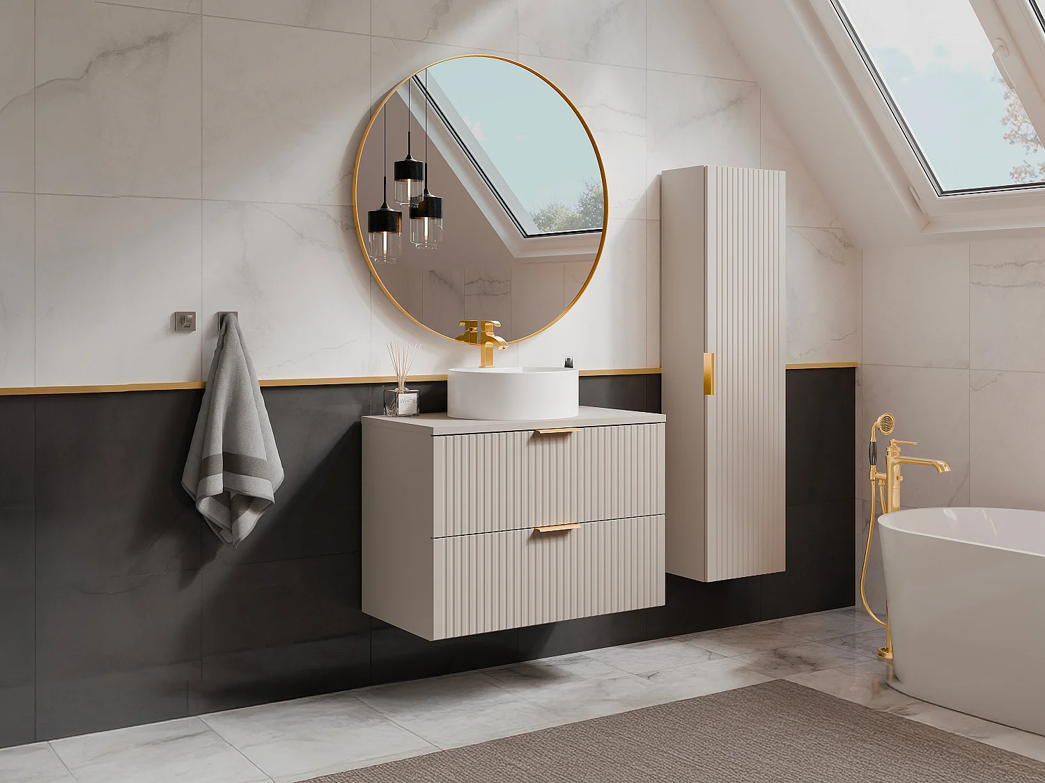 Meuble de salle de bain suspendu strié avec vasque à poser ronde et colonne - Coloris beige - 80 cm - ZEVARA