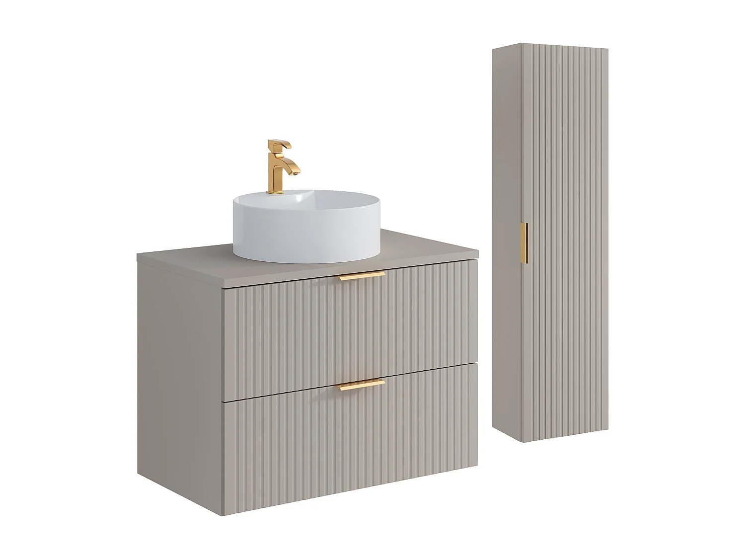 Meuble de salle de bain suspendu strié avec vasque à poser ronde et colonne - Coloris beige - 80 cm - ZEVARA