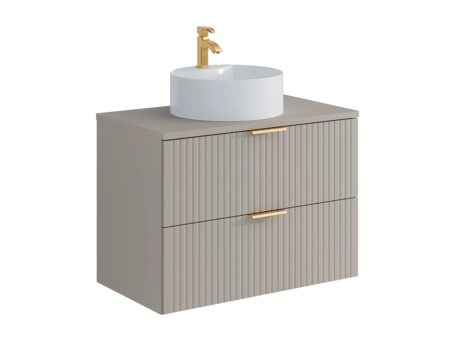 Meuble de salle de bain suspendu strié avec vasque à poser ronde et colonne - Coloris beige - 80 cm - ZEVARA