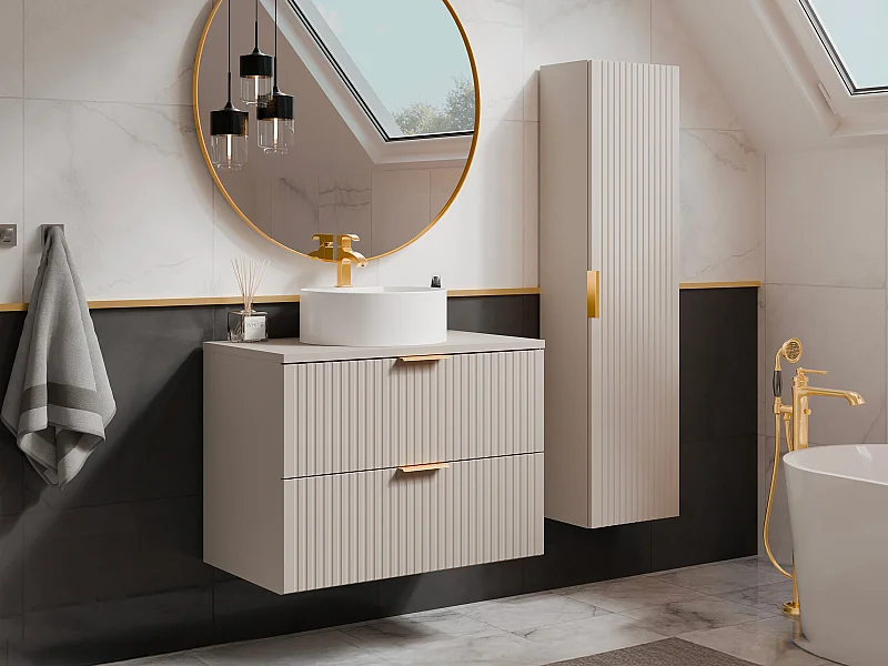 Waschbeckenunterschrank hängend mit Ablagen & Aufsatzwaschbecken rund - Streifenoptik - Beige - 80 cm - ZEVARA