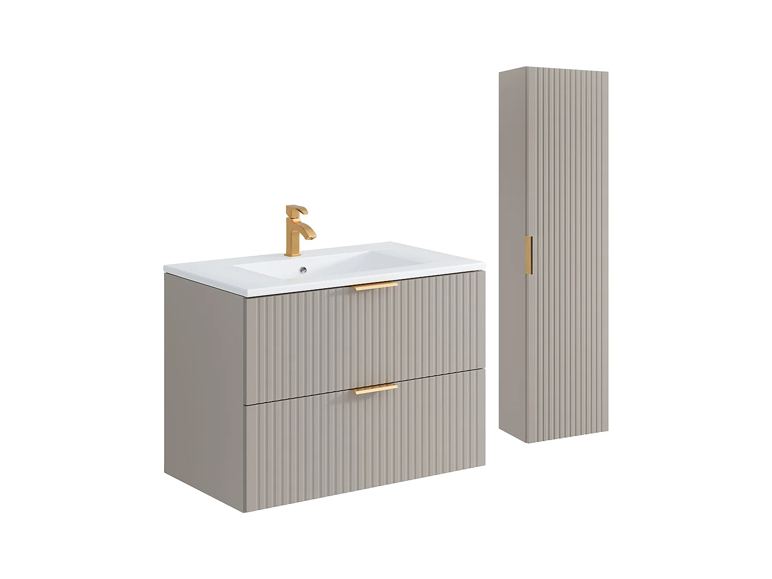 Meuble de salle de bain suspendu strié avec vasque à encastrer et colonne - Coloris beige - 80 cm - ZEVARA