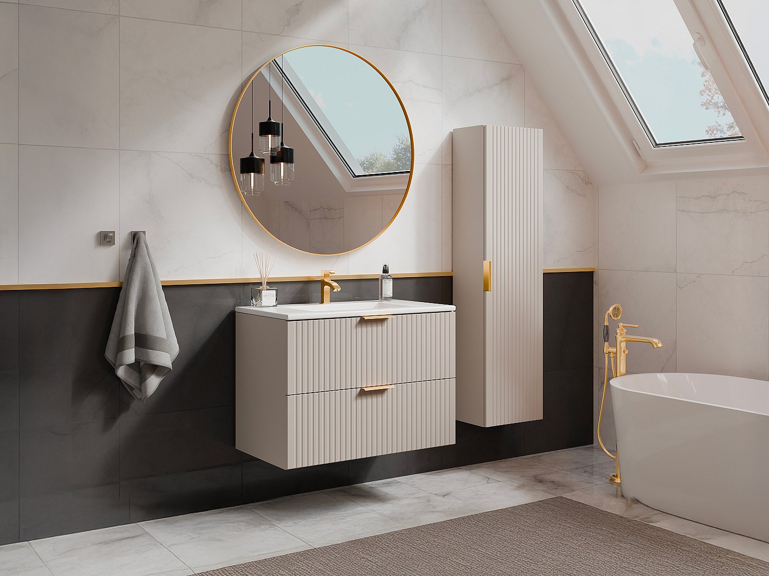 Vente-unique Waschbeckenunterschrank Hängend Mit Ablagen & Einbauwaschbecken - Streifenoptik - Beige - 80 Cm - Zevara