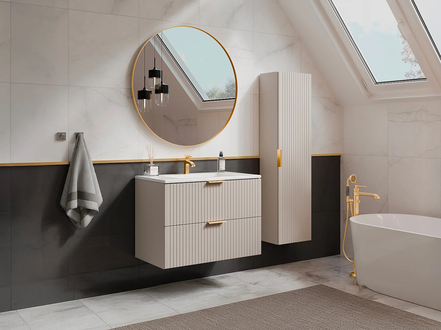 Meuble de salle de bain suspendu strié avec vasque à encastrer et colonne - Coloris beige - 80 cm - ZEVARA