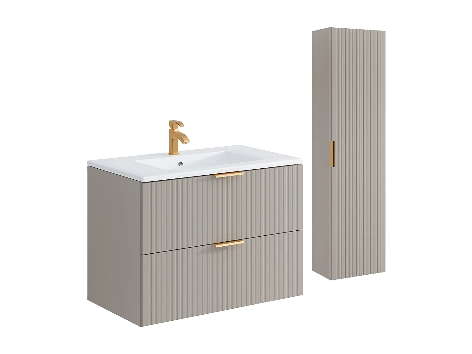 Meuble de salle de bain suspendu strié avec vasque à encastrer et colonne - Coloris beige - 80 cm - ZEVARA