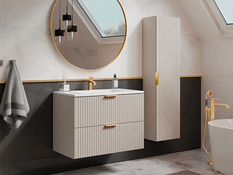 Waschbeckenunterschrank hängend mit Ablagen & Einbauwaschbecken - Streifenoptik - Beige - 80 cm - ZEVARA