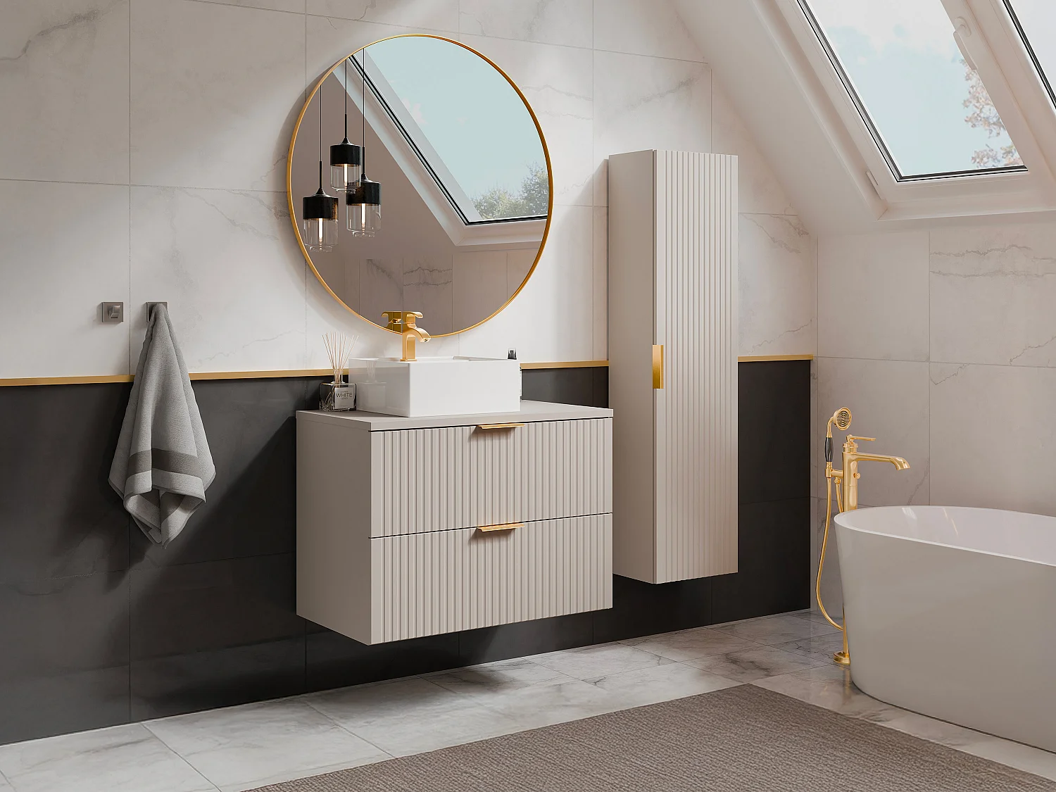 Meuble de salle de bain suspendu strié avec vasque à poser carrée et colonne - Coloris beige - 80 cm - ZEVARA