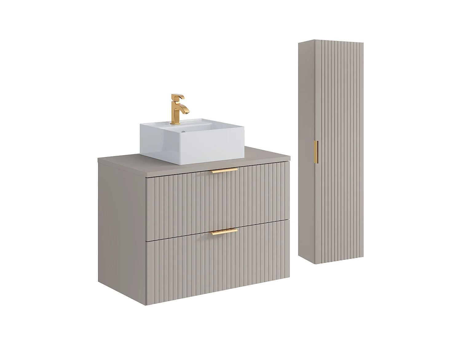 Hangend badkamermeubel met vierkante opbouwwastafel en kolomkast - Geribbeld Beige kleur - 80 cm - ZEVARA