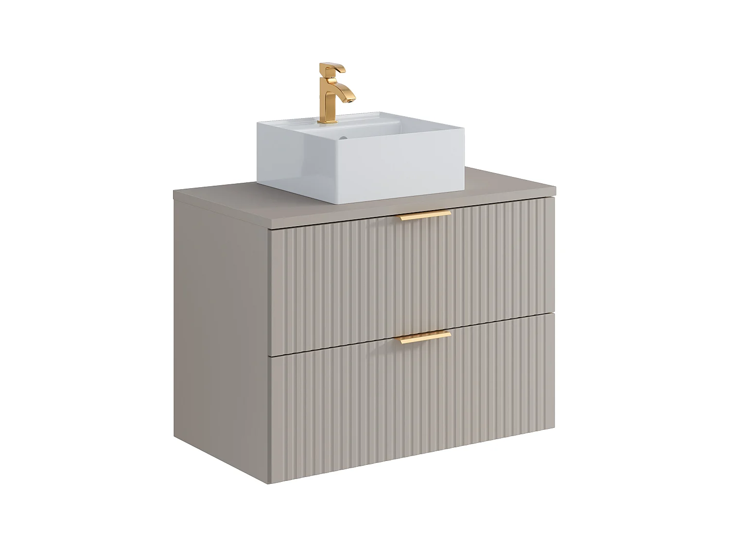 Hangend badkamermeubel met vierkante opbouwwastafel en kolomkast - Geribbeld Beige kleur - 80 cm - ZEVARA