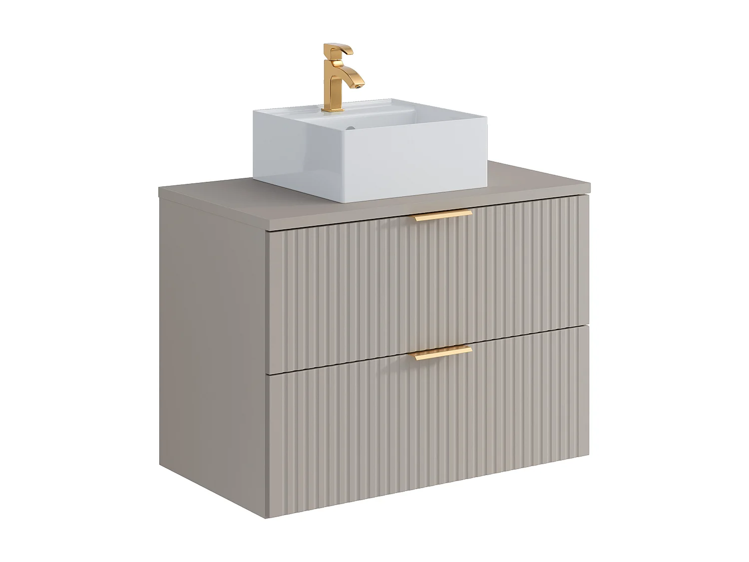 Meuble de salle de bain suspendu strié avec vasque à poser carrée et colonne - Coloris beige - 80 cm - ZEVARA