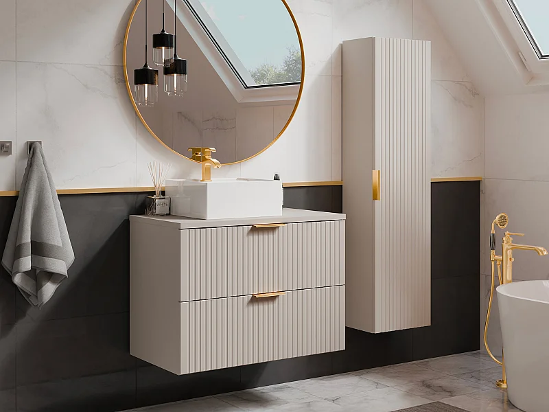 Waschbeckenunterschrank hängend mit Ablagen & Aufsatzwaschbecken quadratisch - Streifenoptik - Beige - 80 cm - ZEVARA