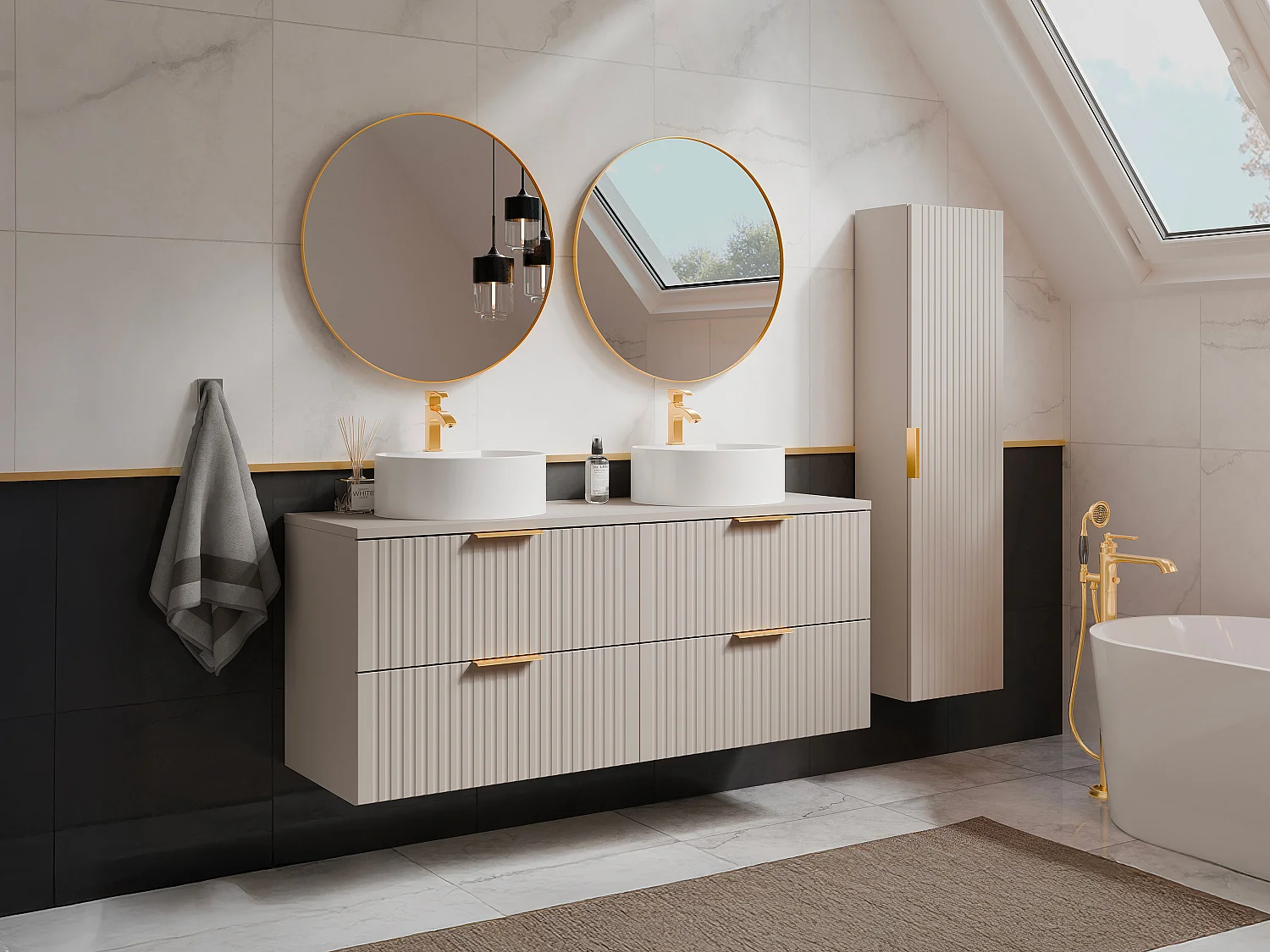Meuble de salle de bain suspendu strié avec vasque à poser ronde et colonne - Coloris beige - 120 cm - ZEVARA