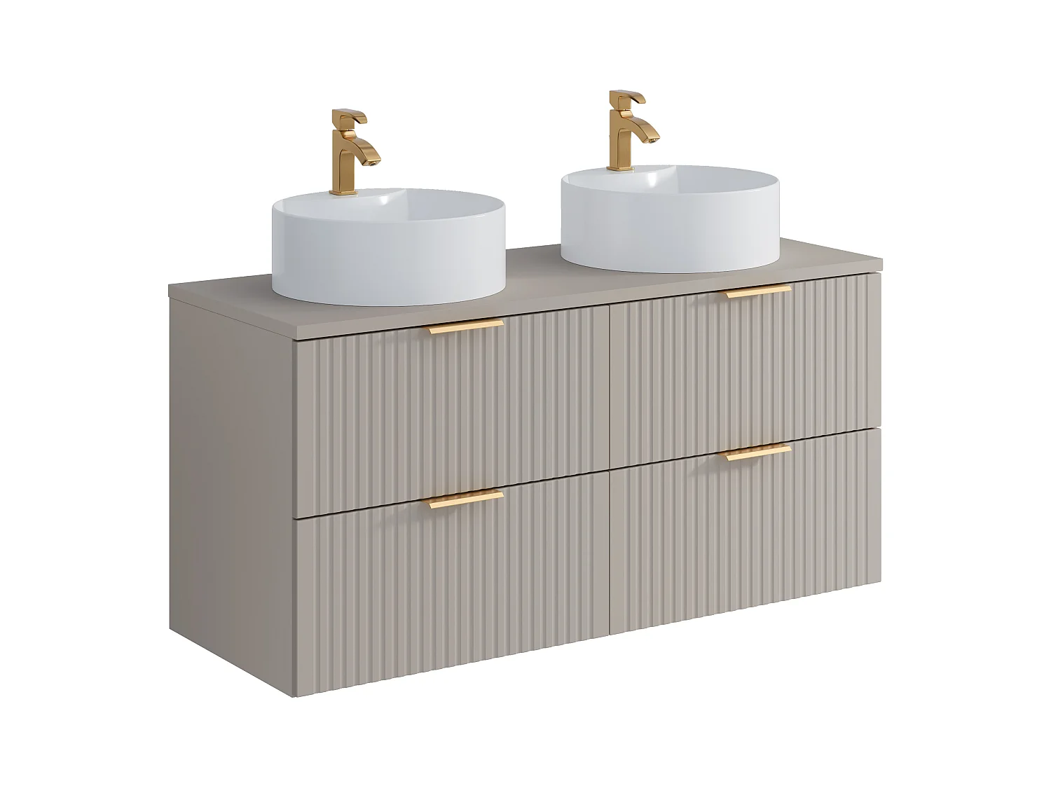 Meuble de salle de bain suspendu strié avec vasque à poser ronde et colonne - Coloris beige - 120 cm - ZEVARA