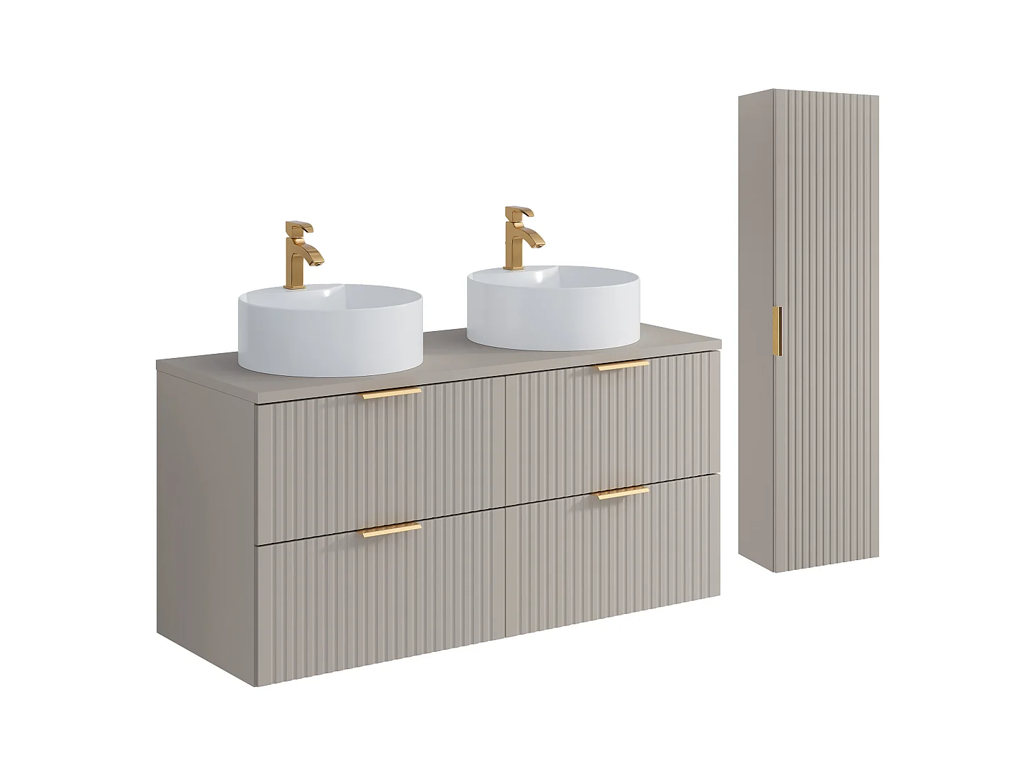 Meuble de salle de bain suspendu strié avec vasque à poser ronde et colonne - Coloris beige - 120 cm - ZEVARA