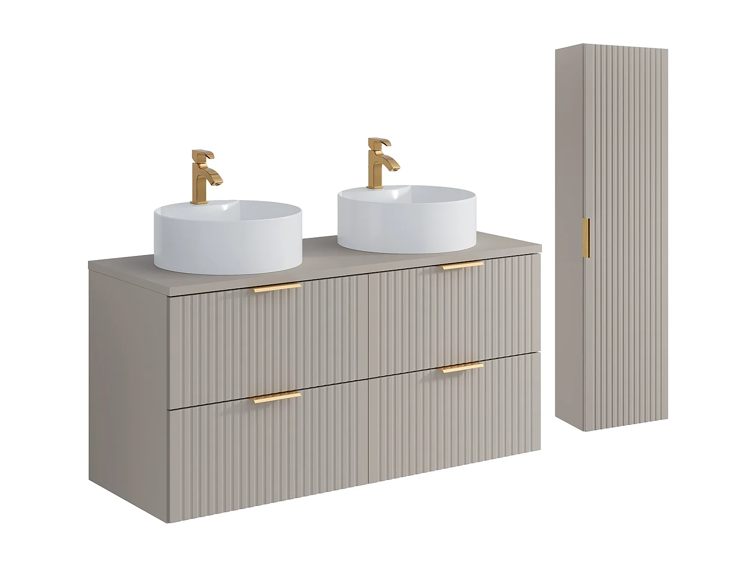 Meuble de salle de bain suspendu strié avec vasque à poser ronde et colonne - Coloris beige - 120 cm - ZEVARA