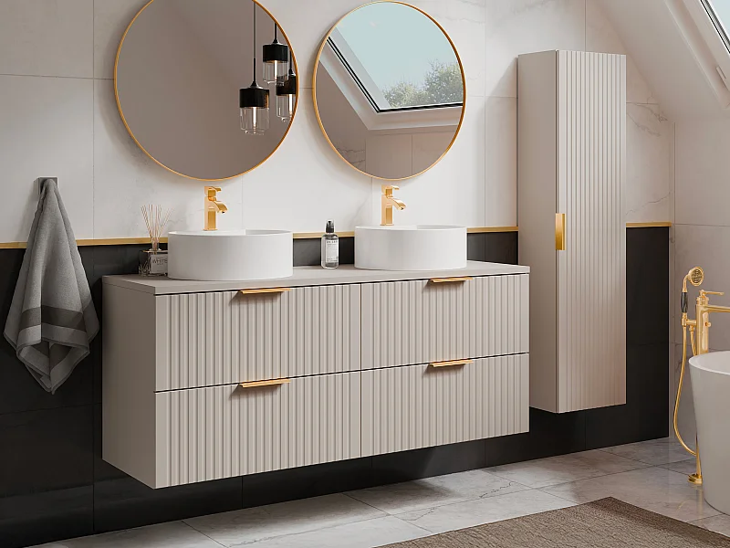 Waschbeckenunterschrank hängend mit Ablagen & Aufsatzwaschbecken rund - Streifenoptik - Beige - 120 cm - ZEVARA