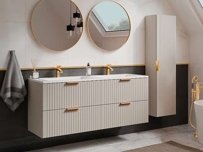 Mobile per bagno sospeso con scanalature con lavabo da incasso e colonna - Colore beige - 120 cm - ZEVARA