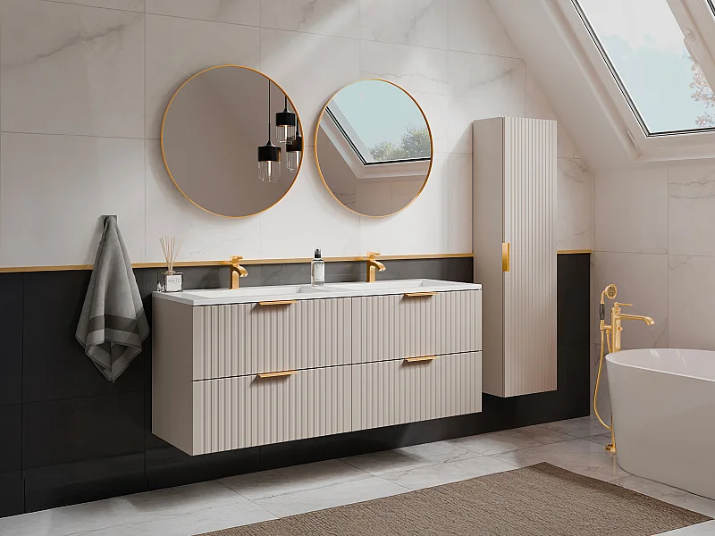Mueble de baño suspendido estriado con lavabo encastrado y columna - Color beige - 120 cm - ZEVARA
