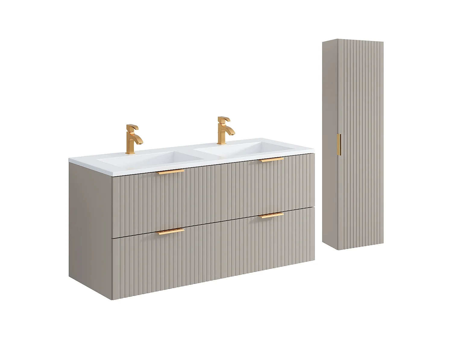 Hangend badkamermeubel met inbouwwastafel en kolomkast - Geribbeld Beige kleur - 120 cm - ZEVARA
