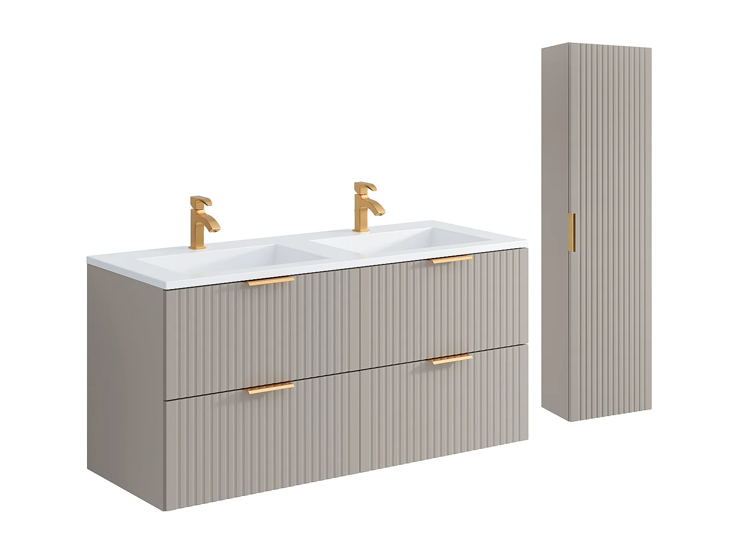 Meuble de salle de bain suspendu strié avec vasque à encastrer et colonne - Coloris beige - 120 cm - ZEVARA