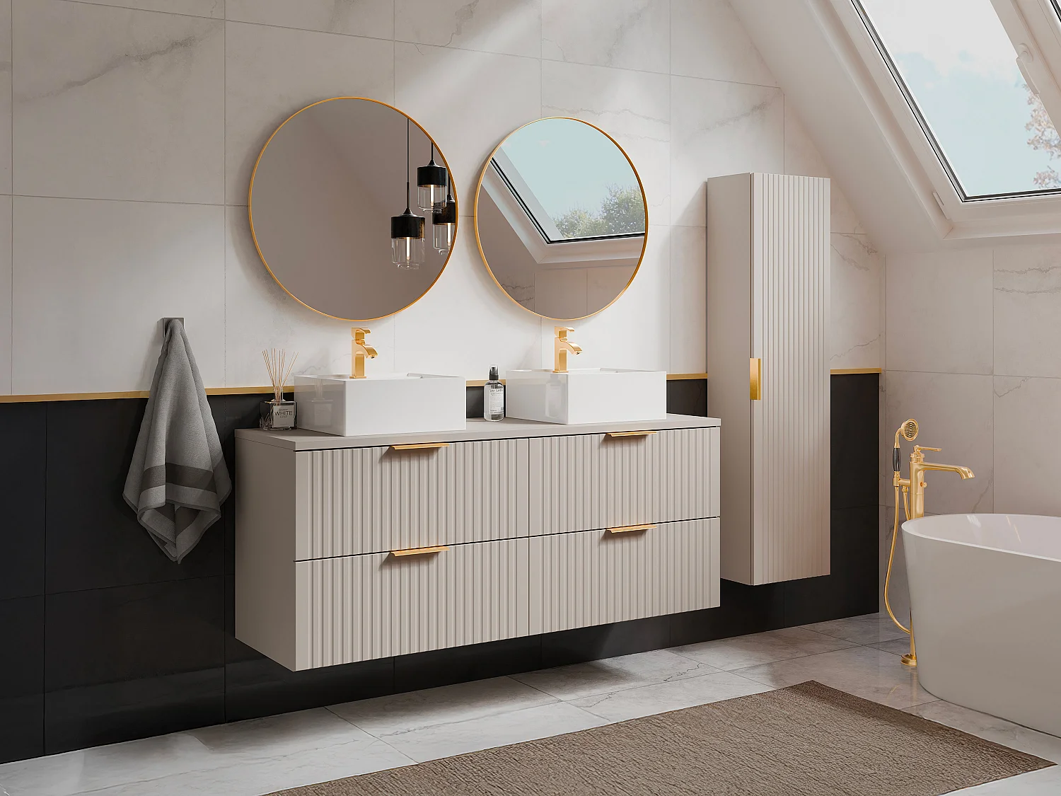 Meuble de salle de bain suspendu strié avec vasque à poser carrée et colonne - Coloris beige - 120 cm - ZEVARA