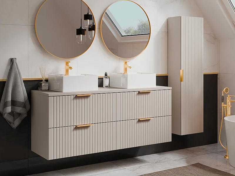 Waschbeckenunterschrank hängend mit Ablagen & Aufsatzwaschbecken quadratisch - Streifenoptik - Beige - 120 cm - ZEVARA