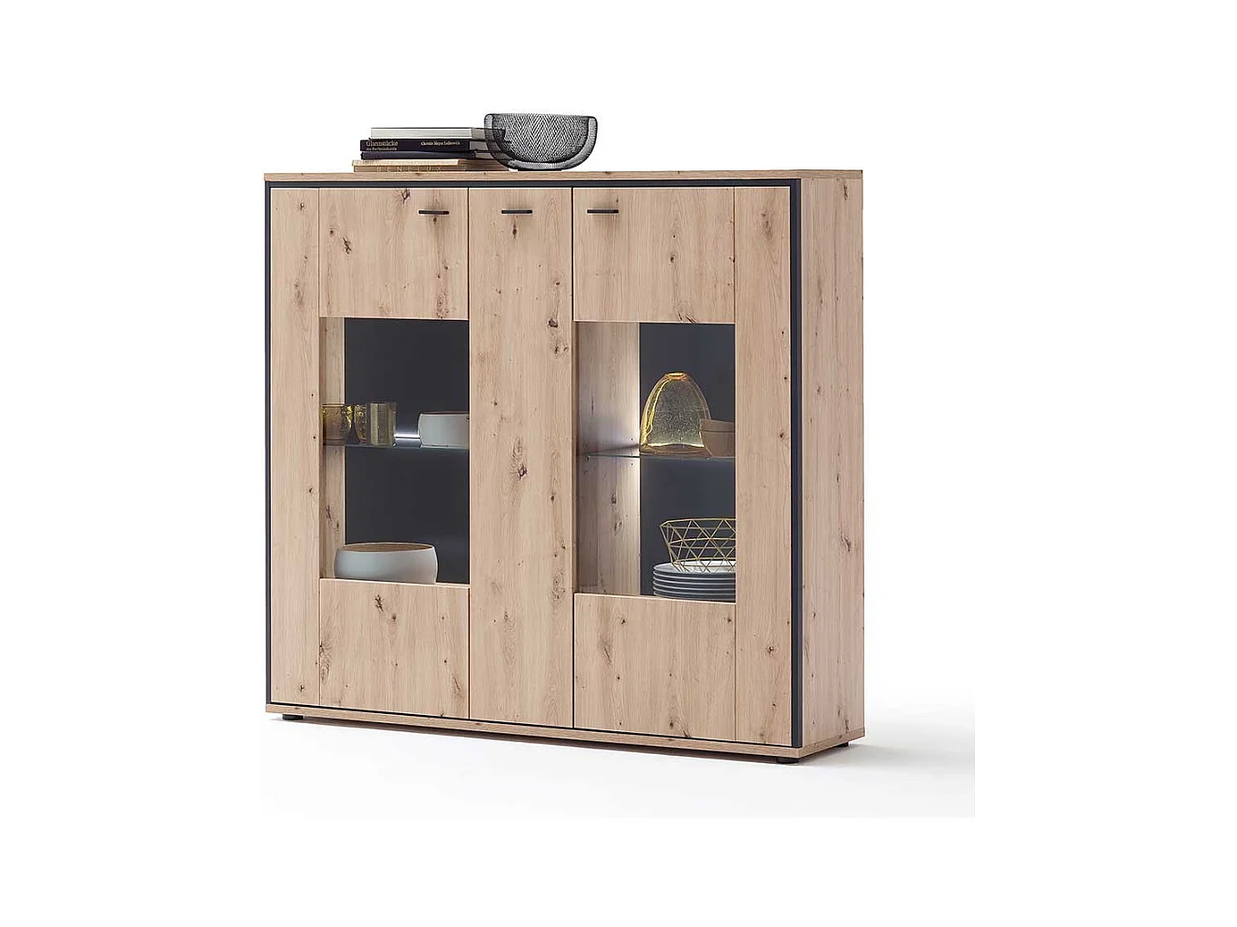 Highboard Vitrine in Eichefarben und Anthrazit modern