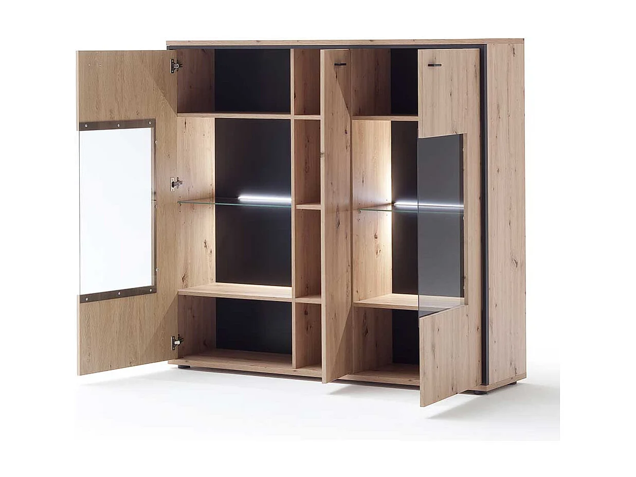 Highboard Vitrine in Eichefarben und Anthrazit modern