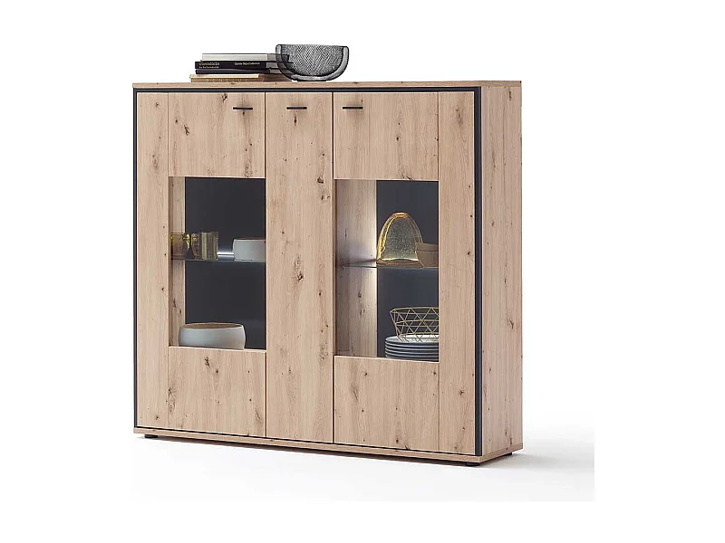 Highboard Vitrine in Eichefarben und Anthrazit modern
