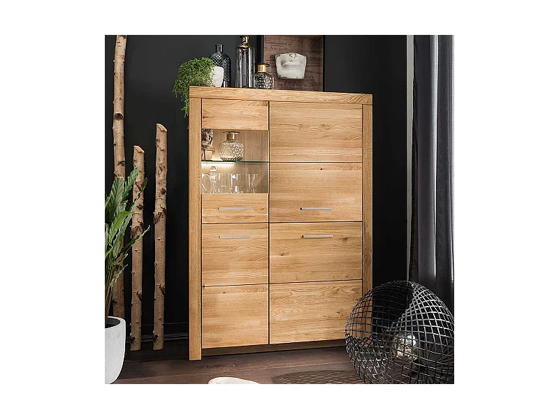 Highboard Vitrine aus Wildeiche Massivholz Glastür links