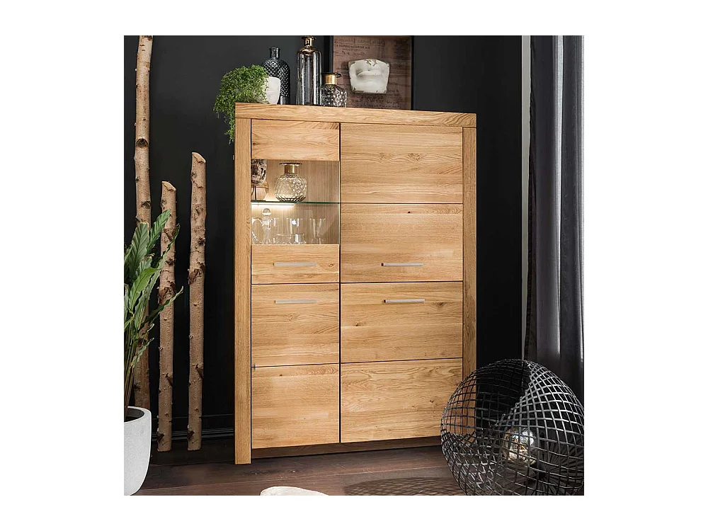 Highboard Vitrine aus Wildeiche Massivholz Glastür links