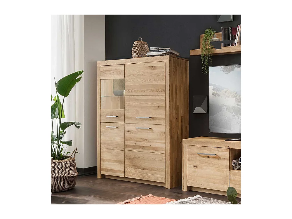Highboard Vitrine aus Wildeiche Massivholz Glastür links