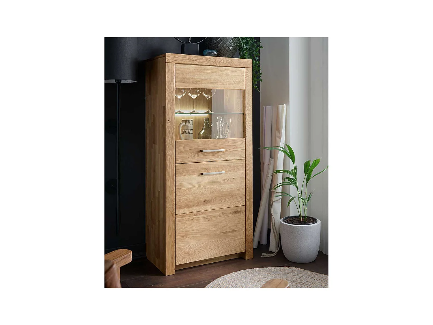 Vitrinenschrank aus Wildeiche Massivholz 1 Glastür 1 Holztür