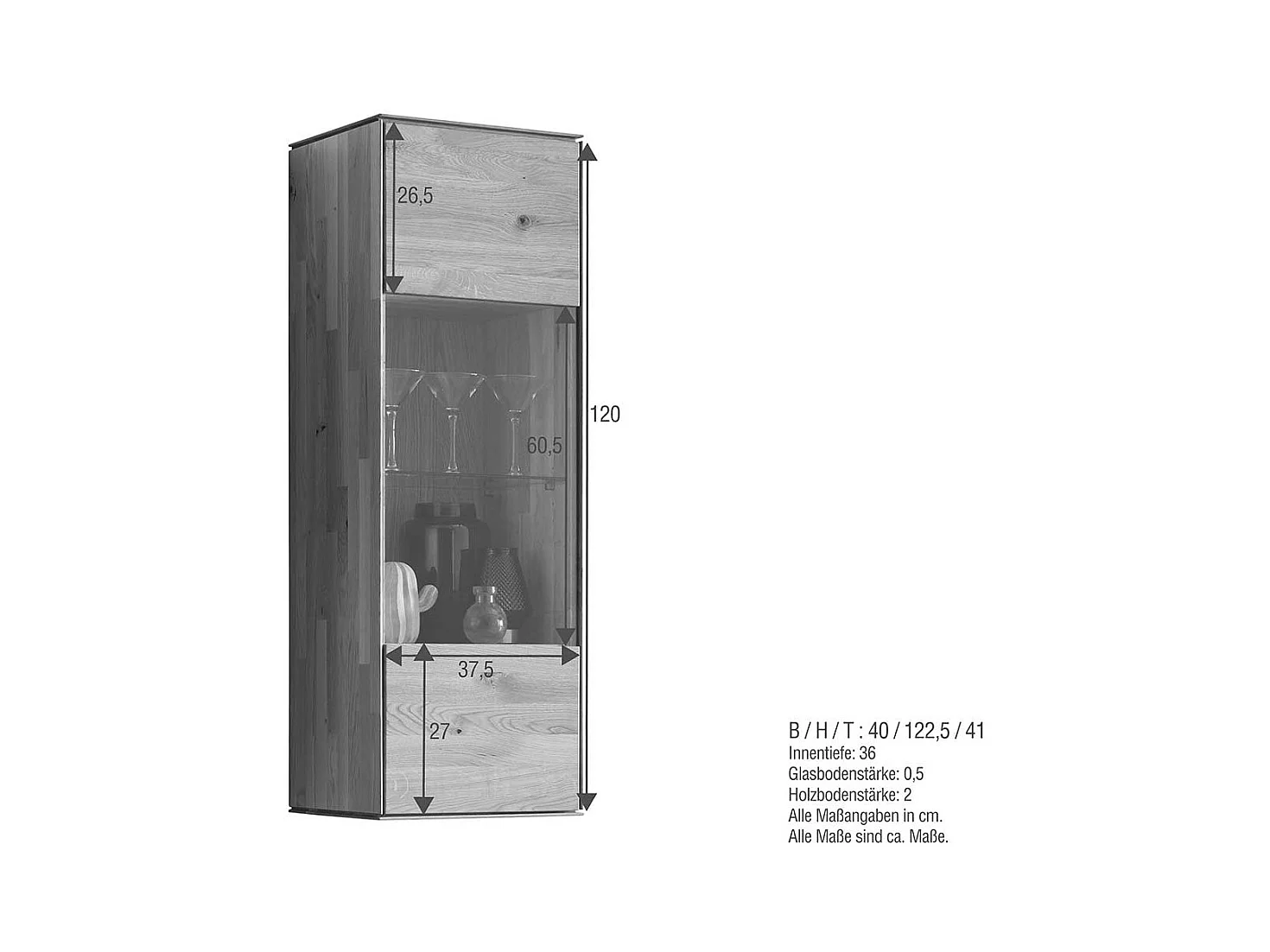 Wand Vitrine aus Wildeiche Massivholz Glastür