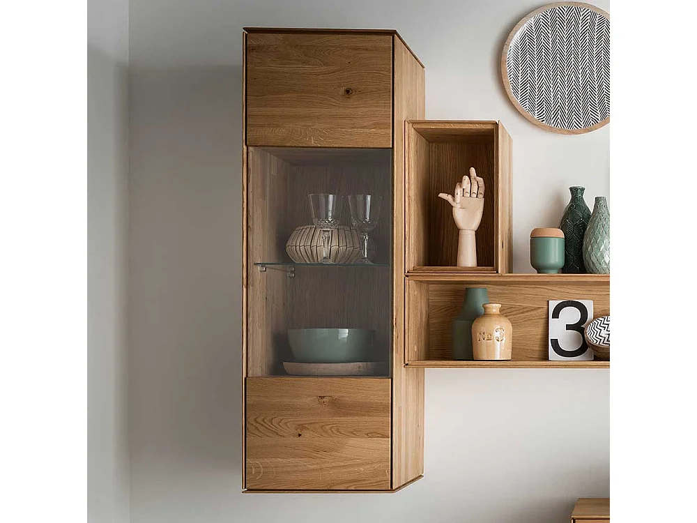Wand Vitrine aus Wildeiche Massivholz Glastür