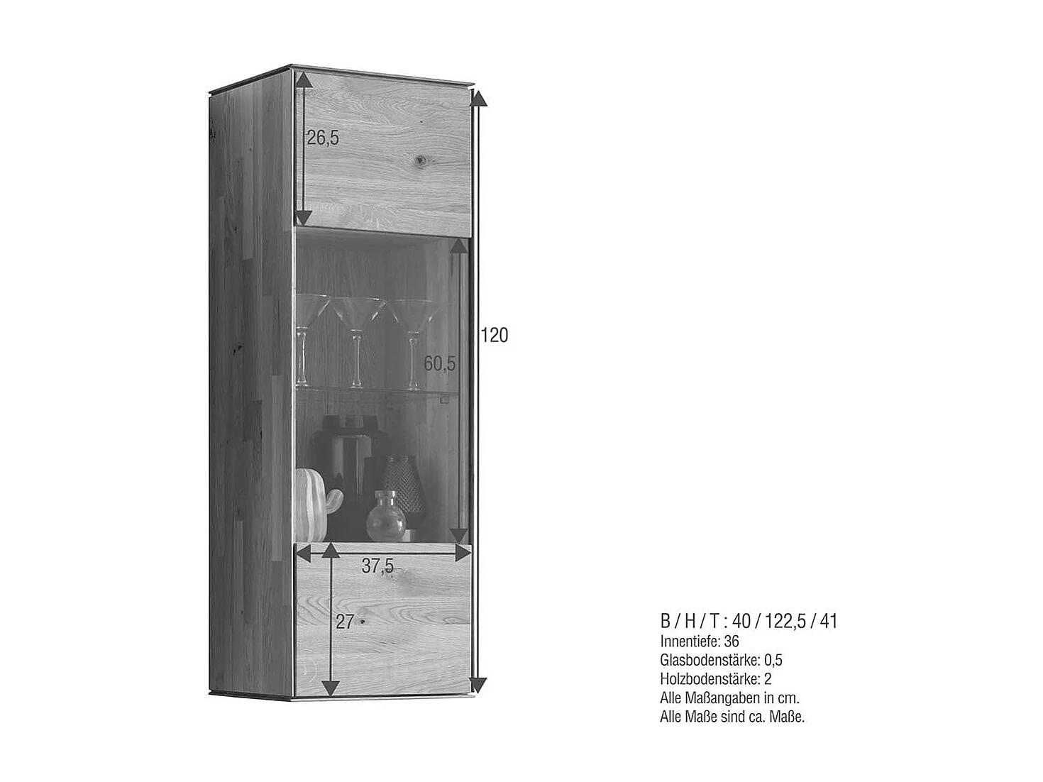 Wand Vitrine aus Wildeiche Massivholz Glastür