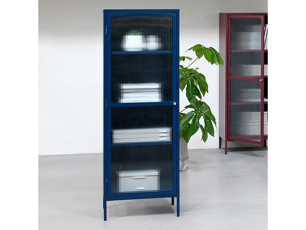 Moderner Vitrinenschrank in Blau Metall mit Glastür