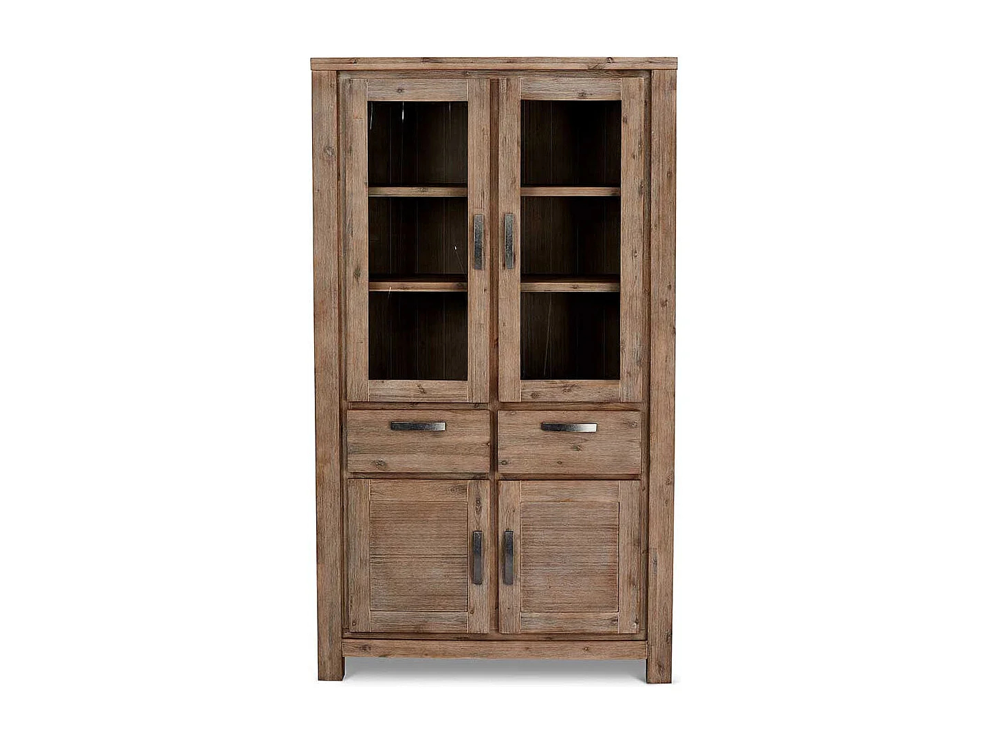 Rustikaler Vitrinenschrank aus Akazie teilmassiv dunkel lackiert 200 cm hoch