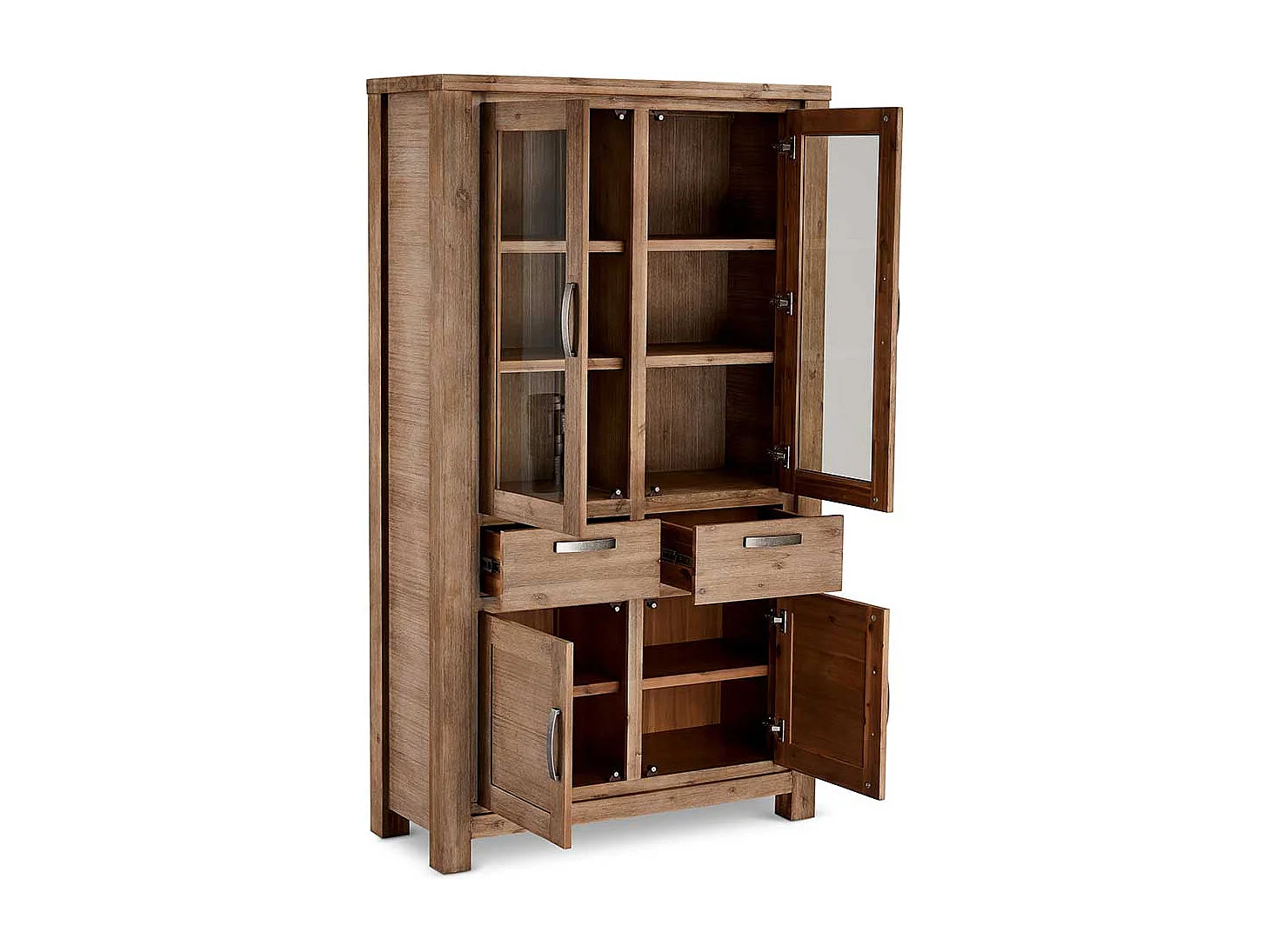 Rustikaler Vitrinenschrank aus Akazie teilmassiv dunkel lackiert 200 cm hoch