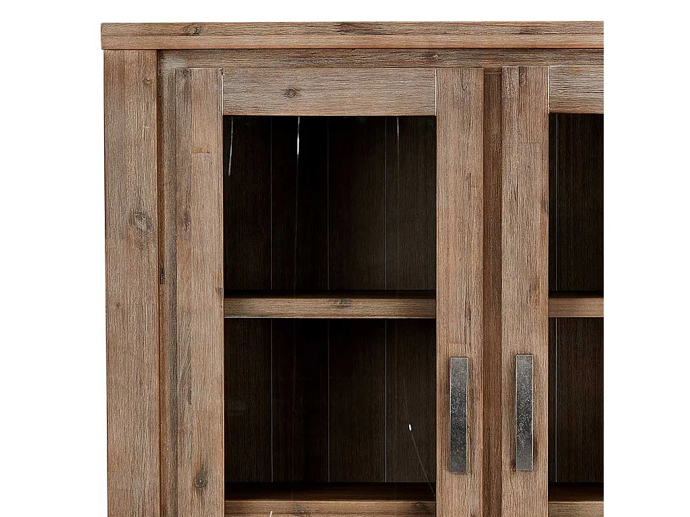 Rustikaler Vitrinenschrank aus Akazie teilmassiv dunkel lackiert 200 cm hoch
