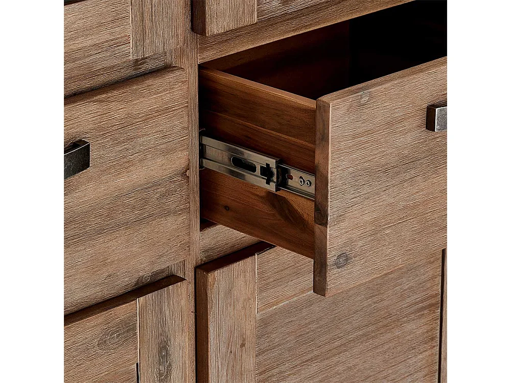 Rustikaler Vitrinenschrank aus Akazie teilmassiv dunkel lackiert 200 cm hoch