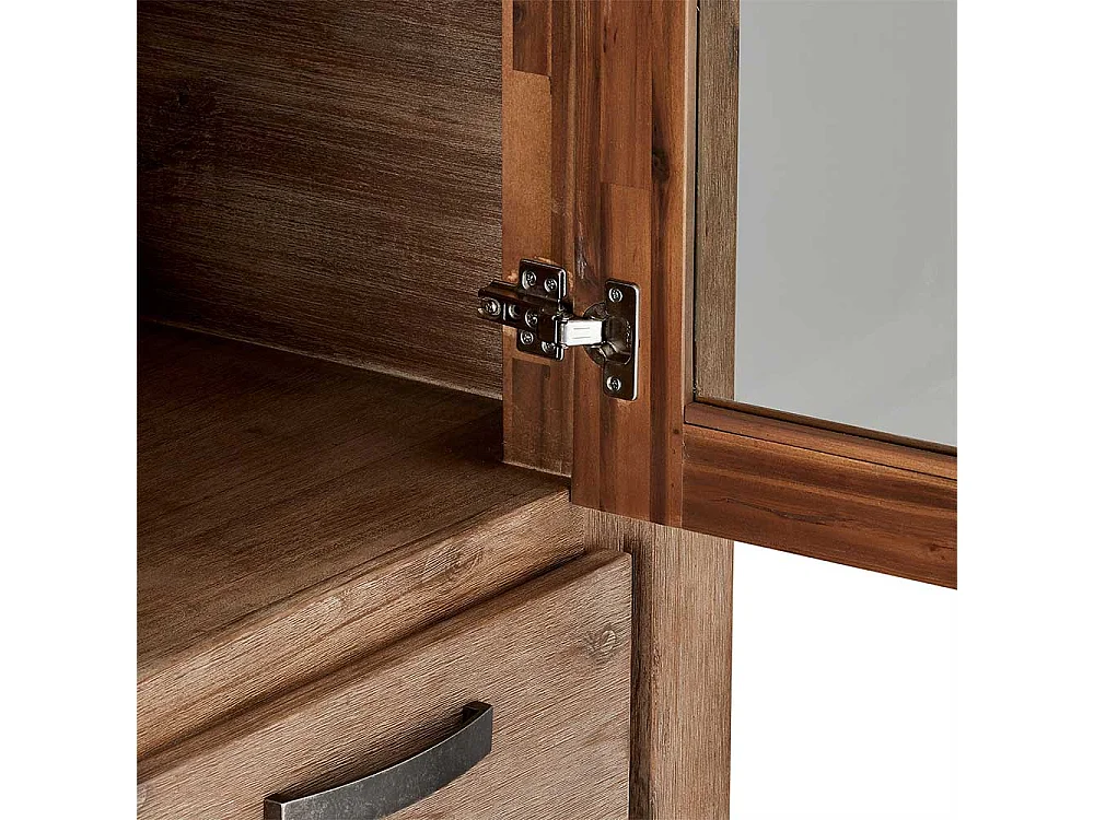 Rustikaler Vitrinenschrank aus Akazie teilmassiv dunkel lackiert 200 cm hoch