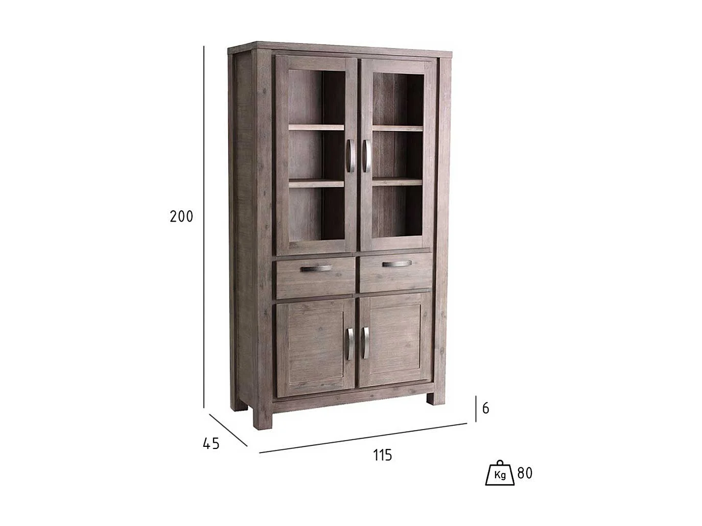 Rustikaler Vitrinenschrank aus Akazie teilmassiv dunkel lackiert 200 cm hoch