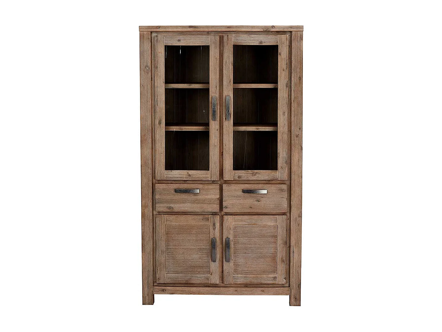 Rustikaler Vitrinenschrank aus Akazie teilmassiv dunkel lackiert 200 cm hoch