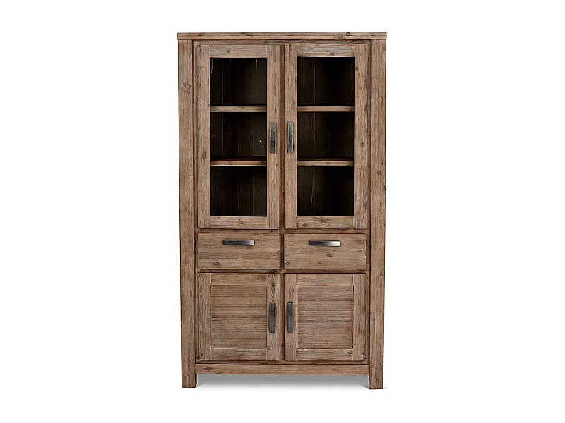 Rustikaler Vitrinenschrank aus Akazie teilmassiv dunkel lackiert 200 cm hoch