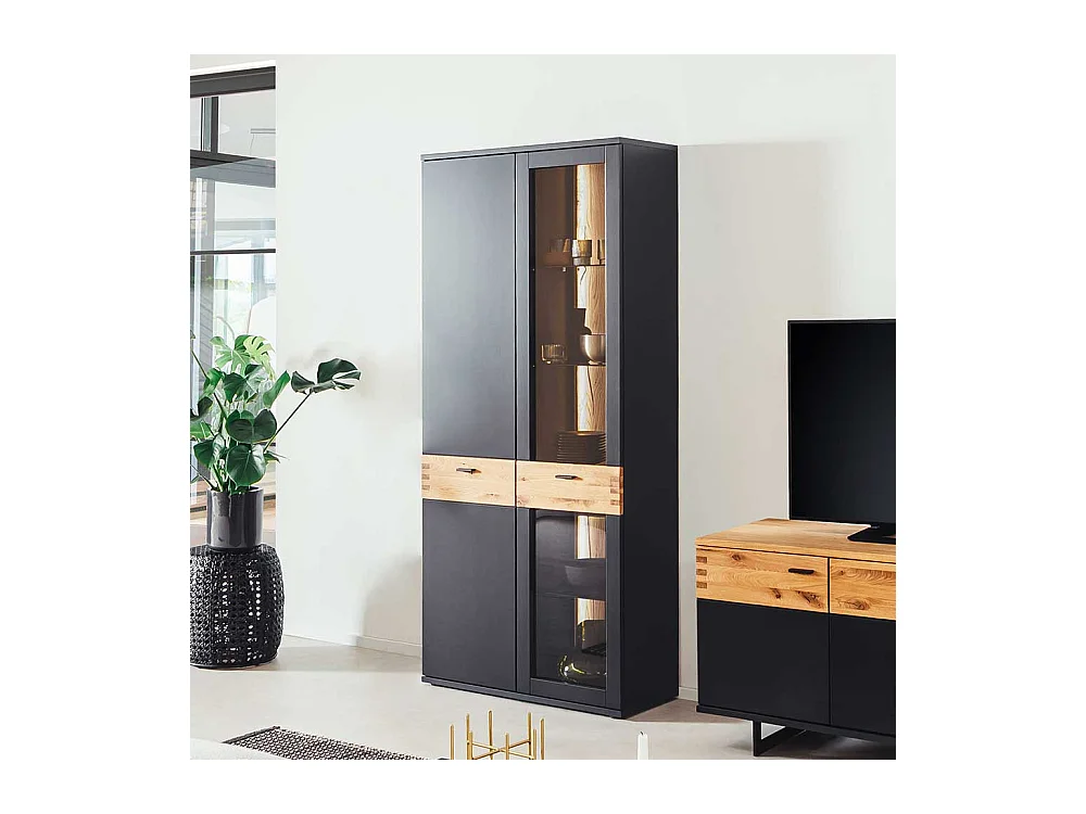 Moderne Schrank Vitrine in Wildeichefarben Schwarzgrau