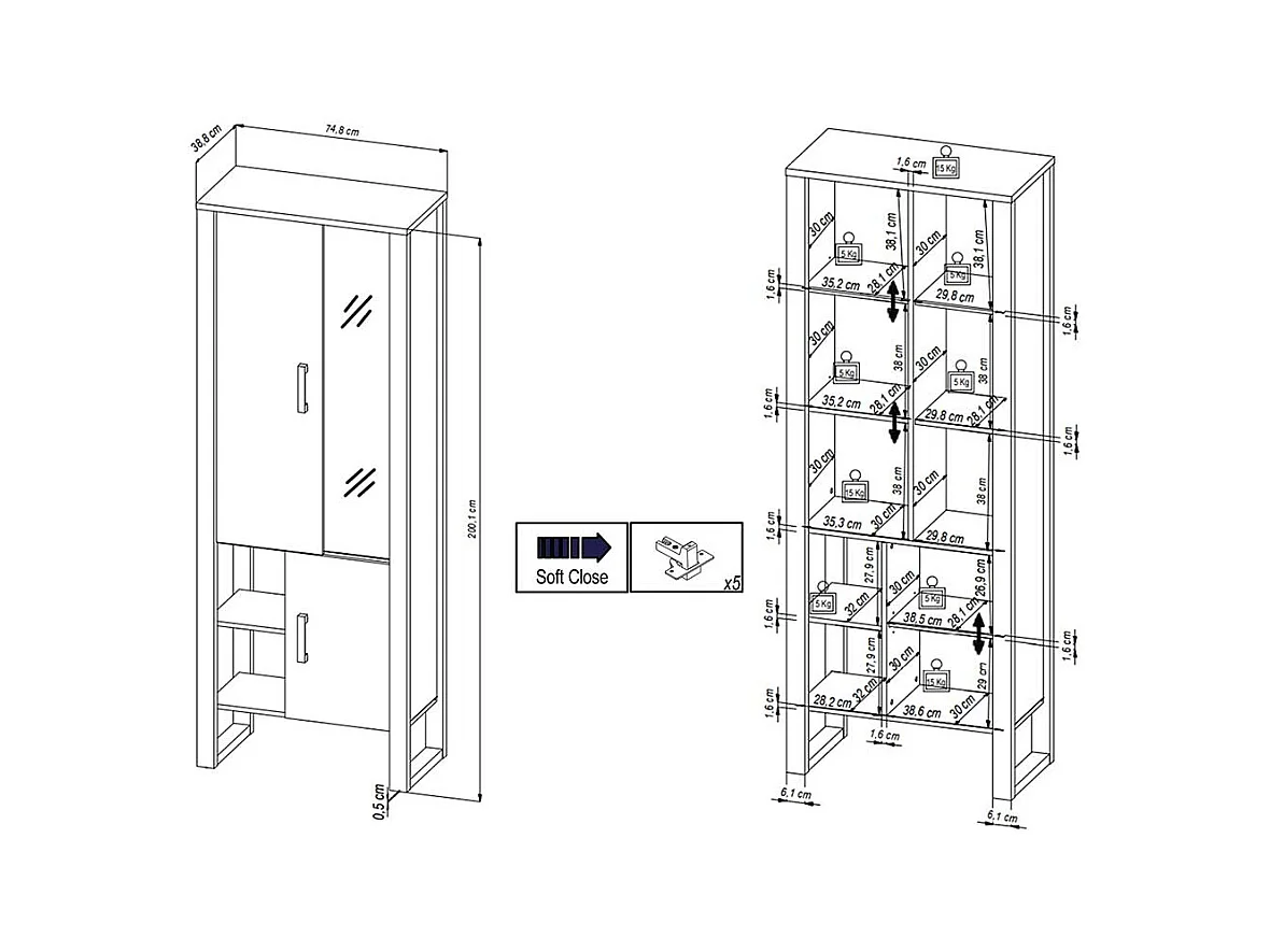 Vitrine Wohnzimmer offene Fächer und Türen Nussbaumfarben & Schwarz