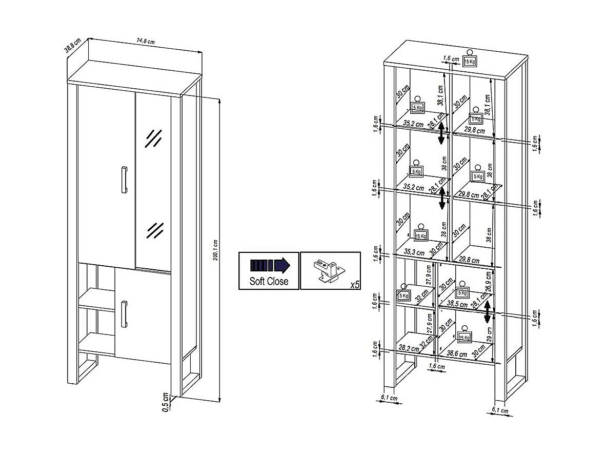 Vitrine Wohnzimmer offene Fächer und Türen Nussbaumfarben & Schwarz