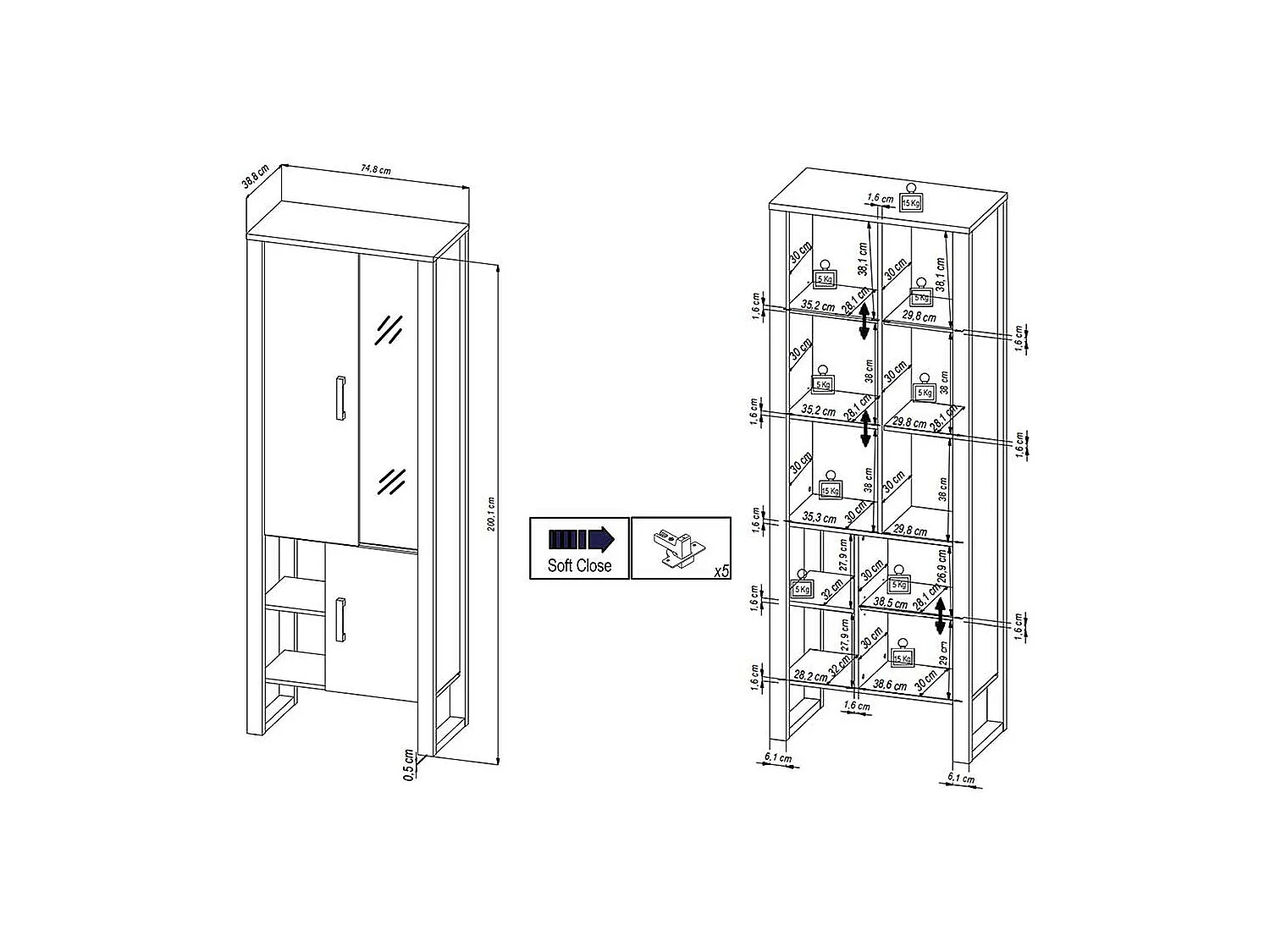 Vitrine Wohnzimmer offene Fächer und Türen Nussbaumfarben & Schwarz