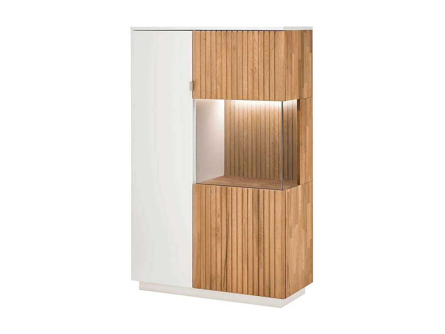 Vitrine mit Glastür rechts in Eiche Bianco und Weiß LED Beleuchtung